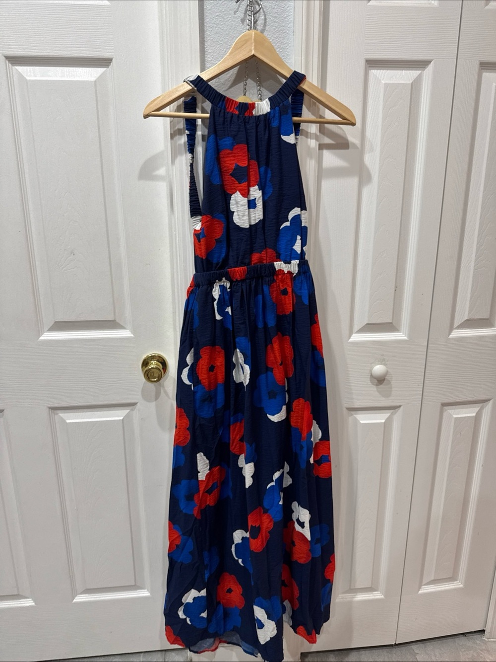 Banana Republic Navy Floral Halter Maxi Dress with Red & White Accents